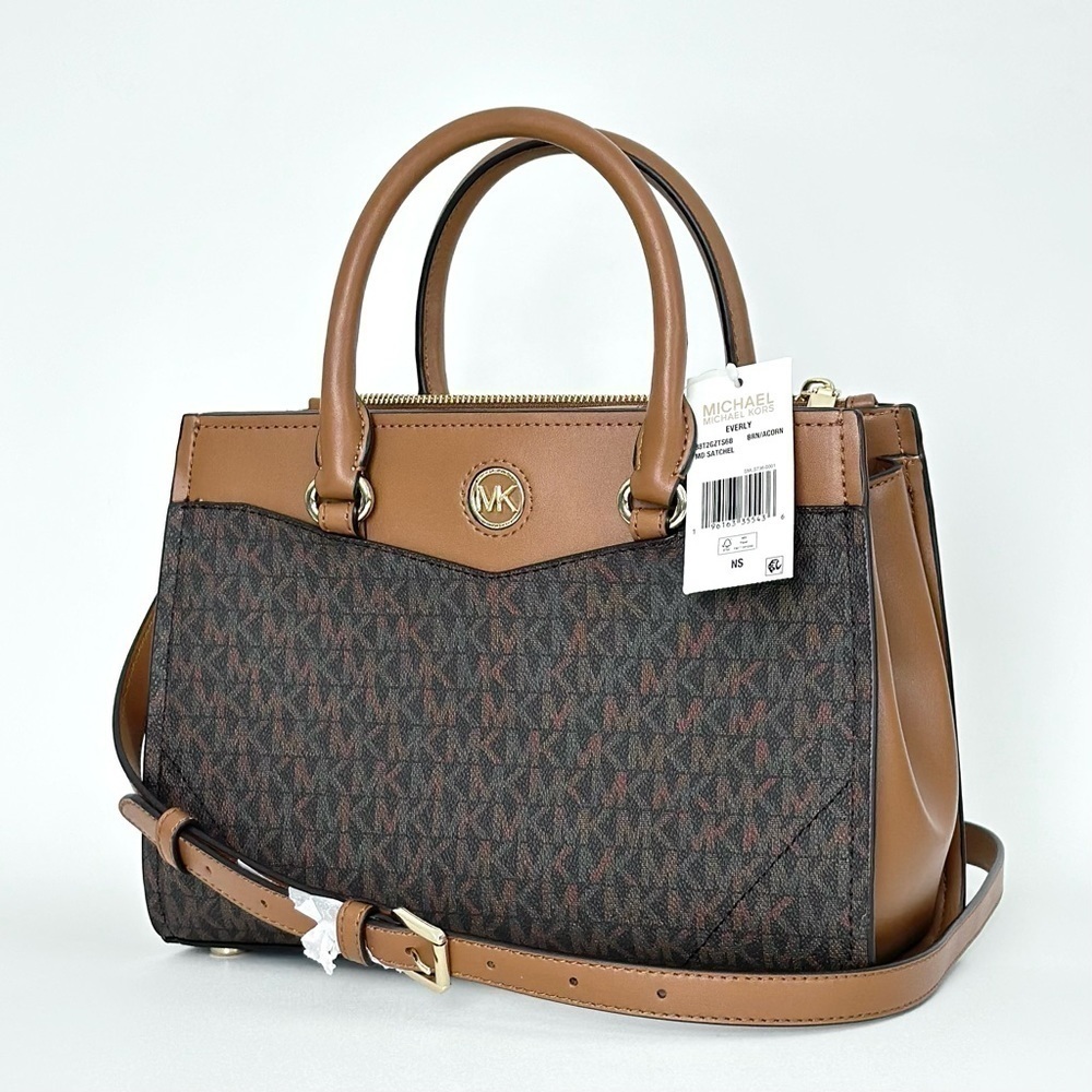 Michael Kors Everly Medium Satchel Crossbody Bag Brown Acorn Designer Purse - Picture 2 of 16